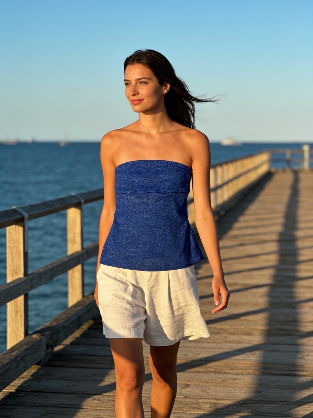 Express Royal Blue Leaf Print Tube Top with Silver Thread Enhancement.  Size S.